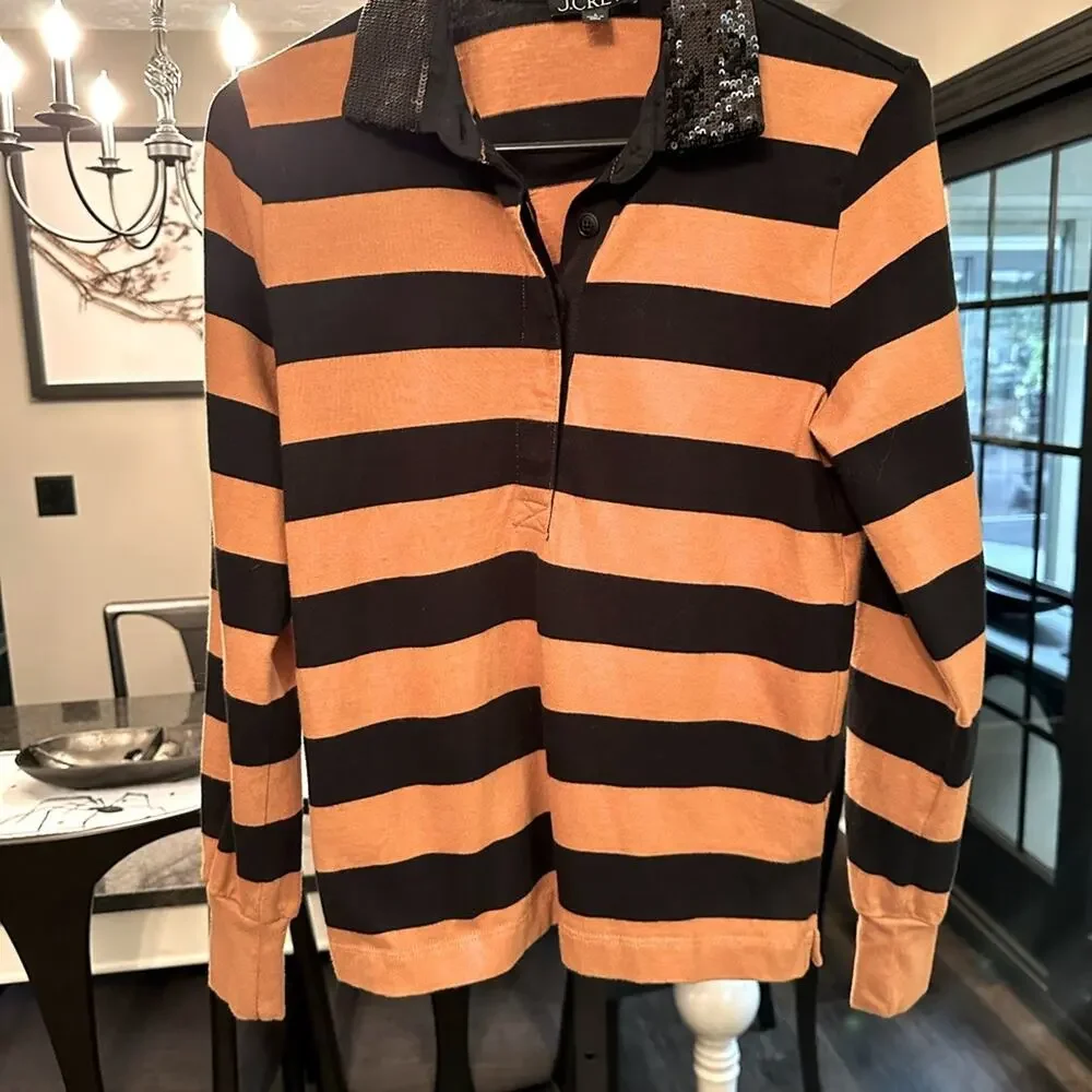 J. Crew Orange and Black Striped Sequin Rugby Shirt Polo Orange Black SZ Small